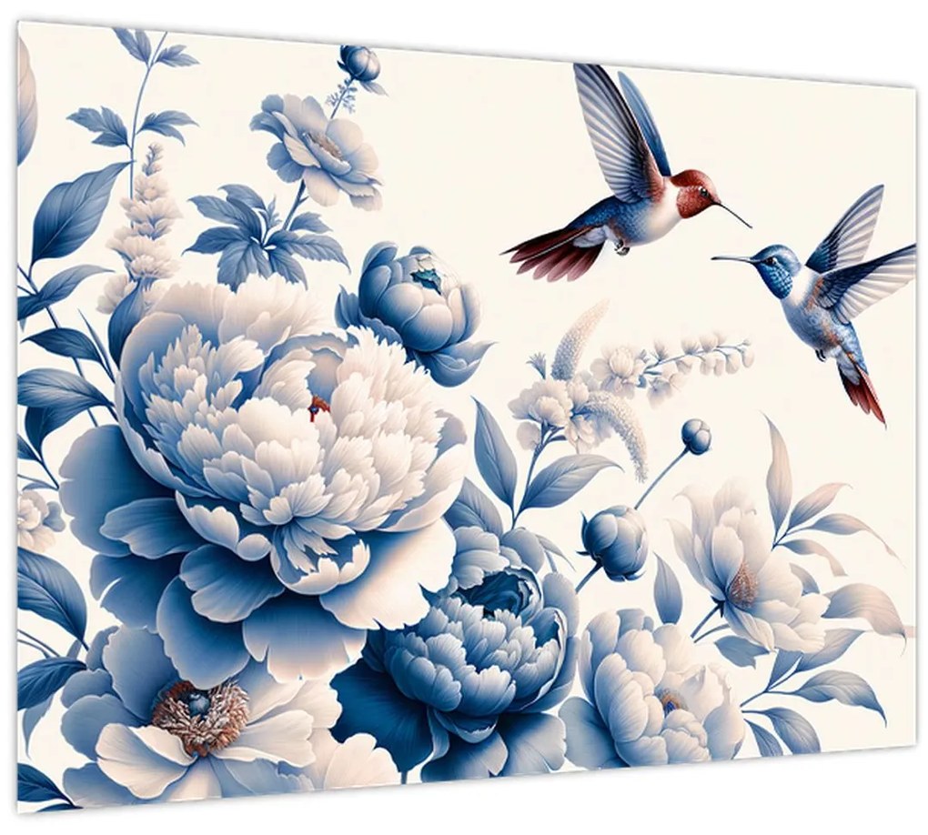 Üveg kép - Kolibrik a virág felett (70x50 cm)