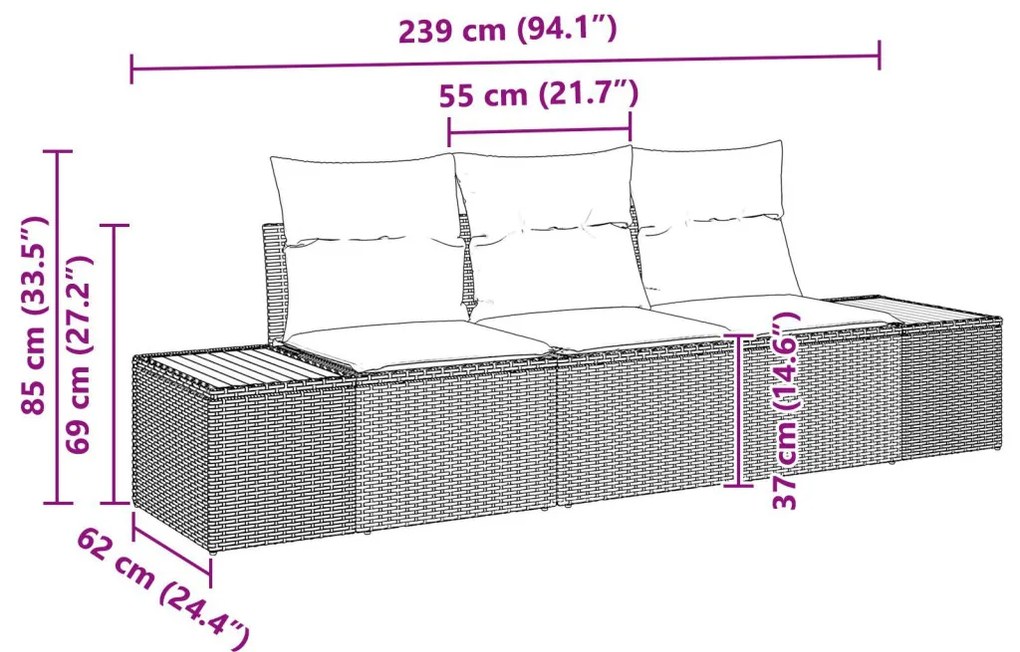 3 darabos Kert Kanapé Szett Párnákkal Szürke Poli Rattan Akácia