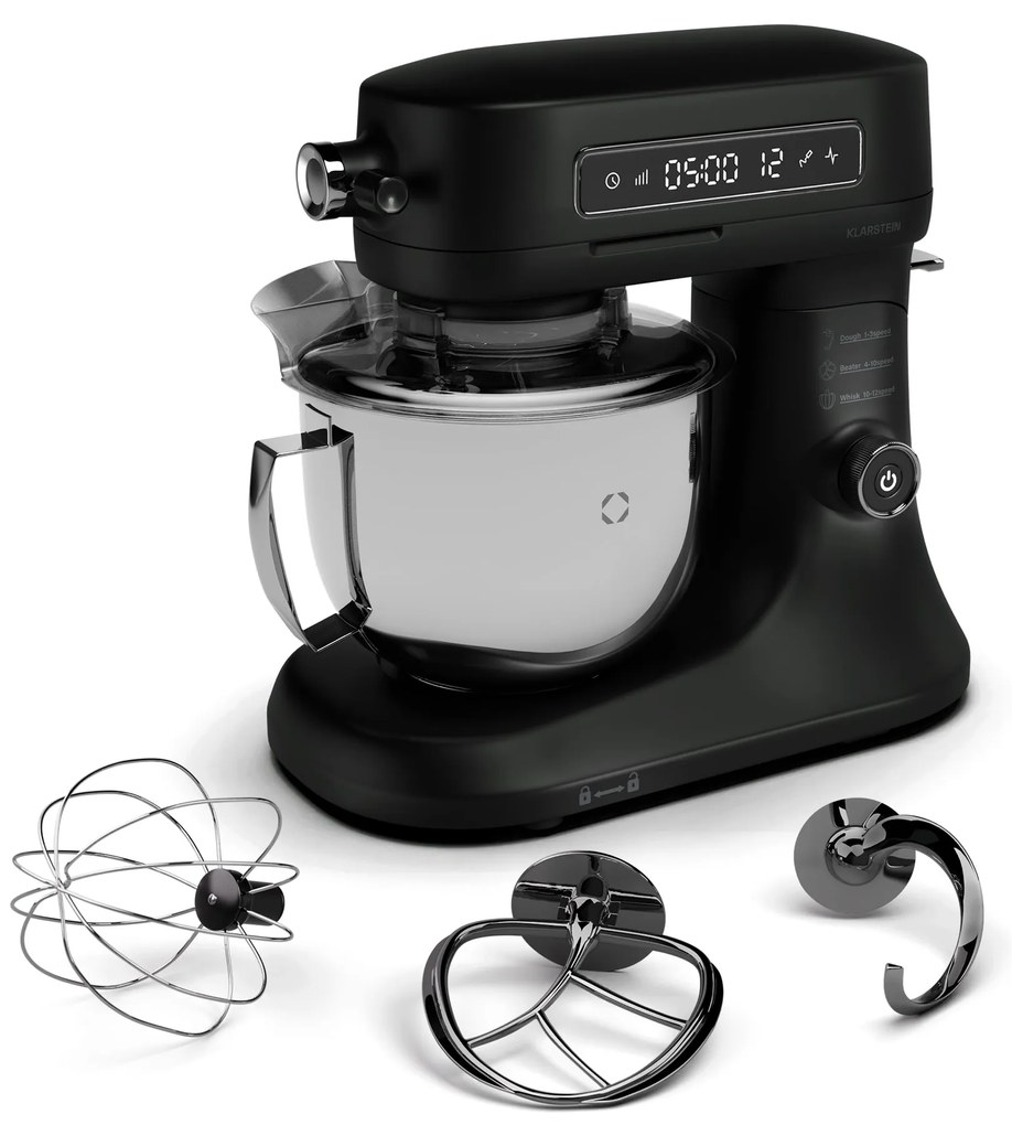 Klarstein Chiara konyhai robotgép, 1600 W, 12 beállítás, rozsdamentes acél tál, LCD kijelző, Tartozékokkal együtt