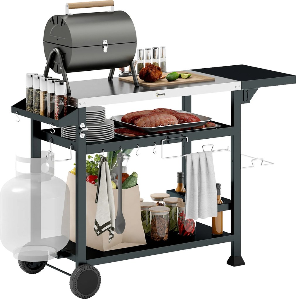 Outsunny Grill Plancha Kocsi Rozsdamentes Acél Tálcával, Többfunkciós, 6 Horoggal, Hajtható Polccal, 3 Réteggel, 2 Kerekével | Aosom