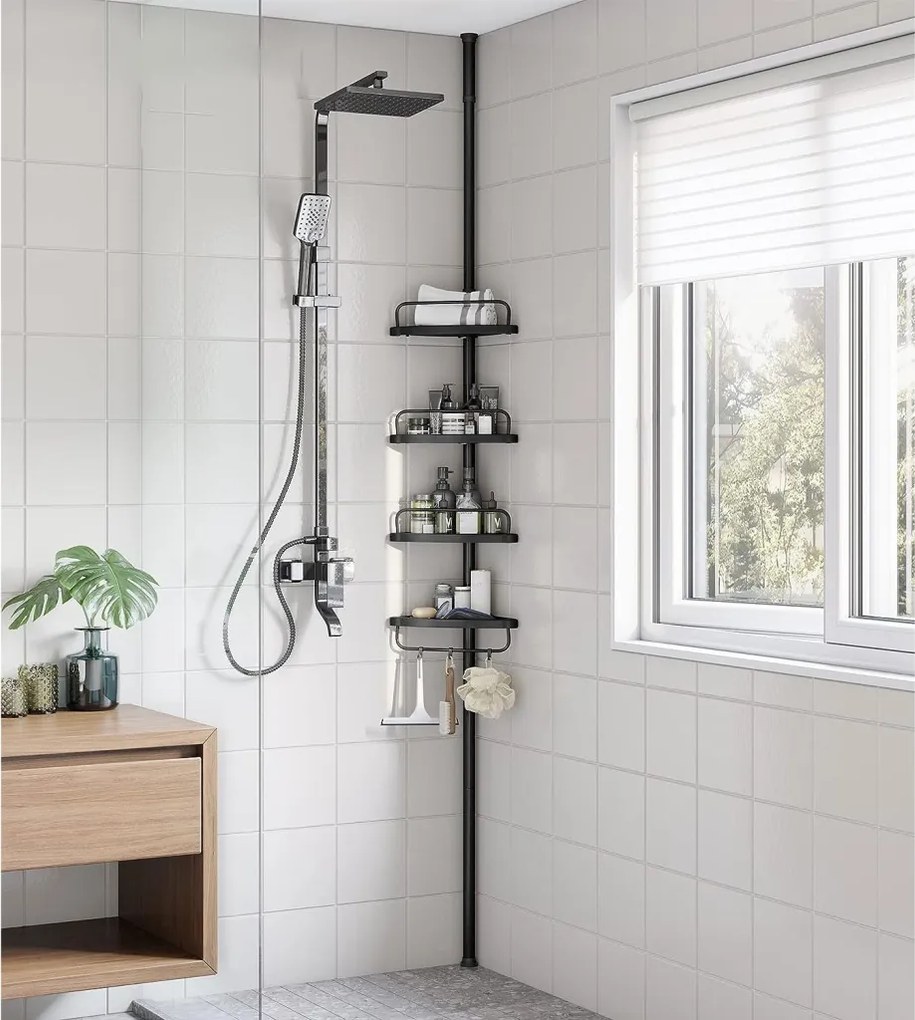Fürdőszoba sarokpolc állítható, fekete 85-305cm