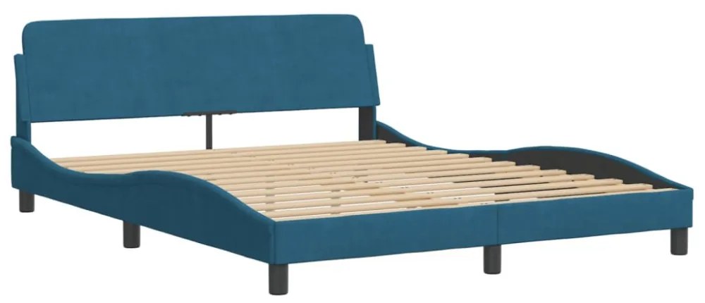 kék bársony ágykeret LED-ekkel matrac nélkül 160 x 200 cm