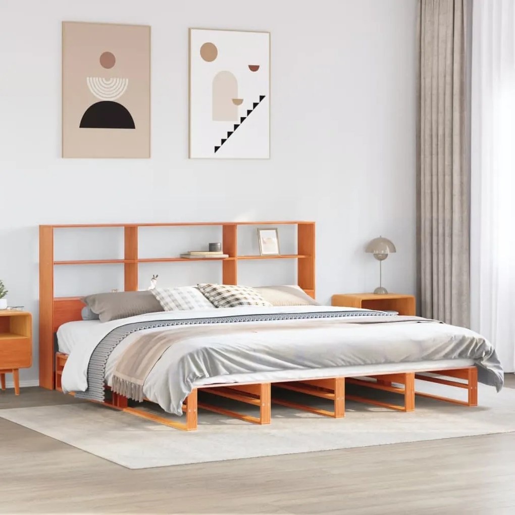 viaszbarna tömör fa könyvespolcos ágy matrac nélkül 200 x 200cm