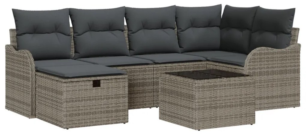 7 részes kert kanapészett párnákkal szürke poli rattan, 2 személyes kert kanapé párnákkal szürke poli rattan