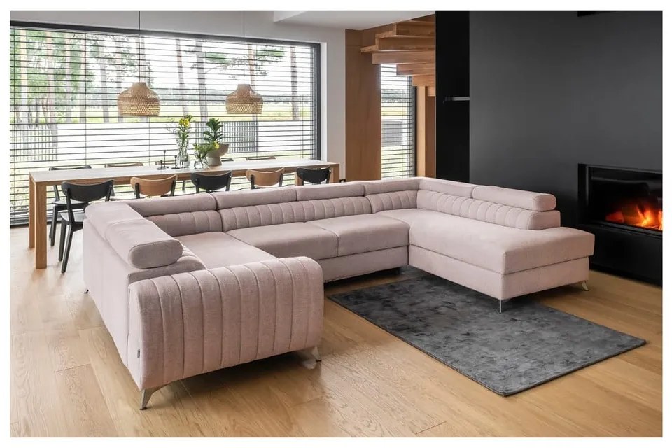 Rózsaszín kinyitható-tárolóhelyes sarokkanapé (jobb oldali-U alakú) Louis – ELTAP