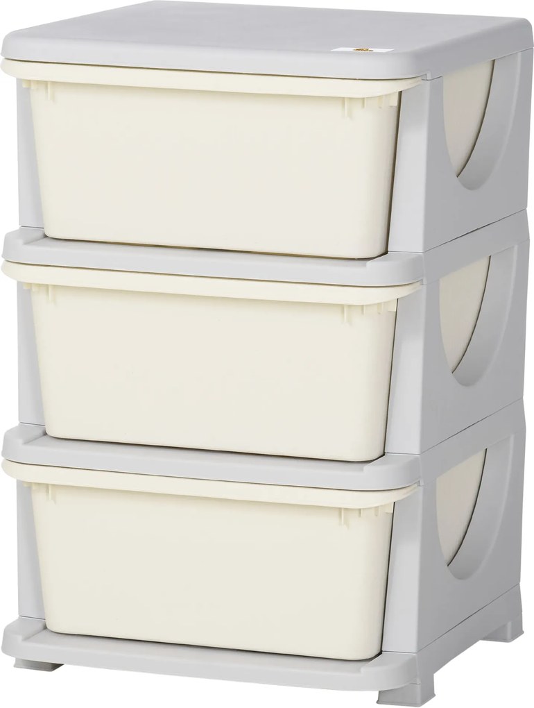 HOMCOM Fiókos Szekrény Gyerekeknek Tároló Helyekkel, Tároló Dobozokkal Játék Szervező Játék Láda, Három Szintes Gyerekszobába 3-6 Éveseknek, Krém 37 x