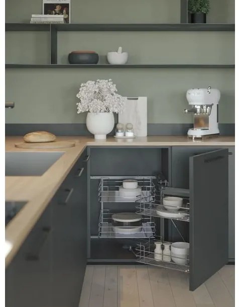 Konyhai fémrács, sarokszekrénybe, részleges kihúzás, csillapított záródás, króm, jobbos, 1200mm, 600mm ajtó szélesség, SIGE Green Line 350
