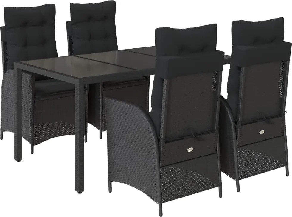 vidaXL 5 részes fekete polyrattan kerti étkezőgarnitúra párnákkal