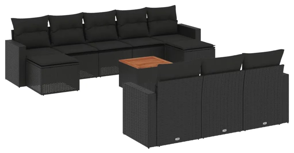 11 részes fekete polyrattan kerti ülőgarnitúra párnákkal