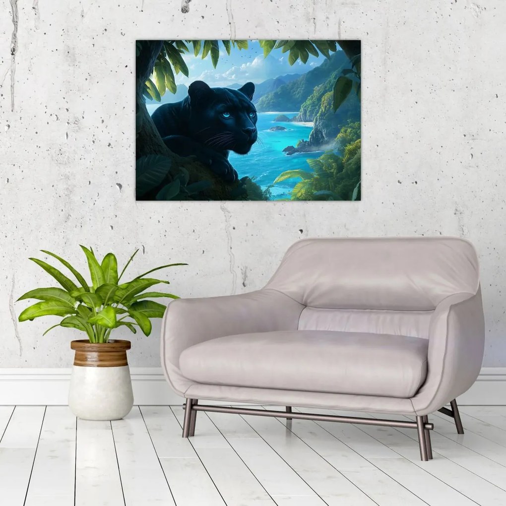 Üveg kép - Fekete párduc a dzsungelben (70x50 cm)