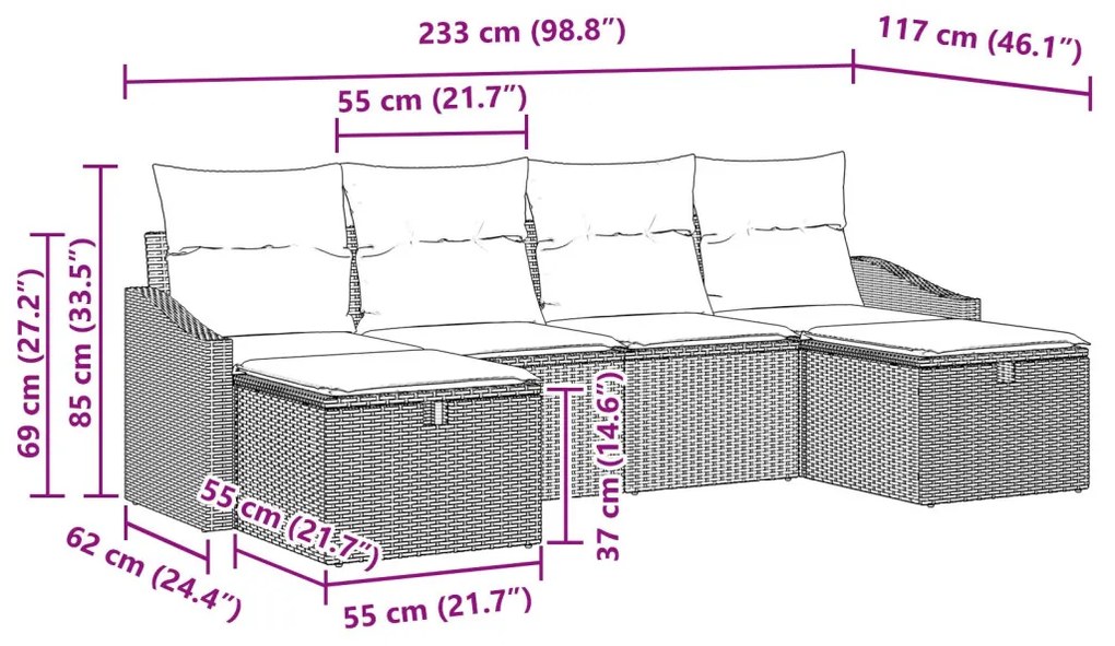 6 darabos kertkanapé szett párnákkal Szürke Poli rattan