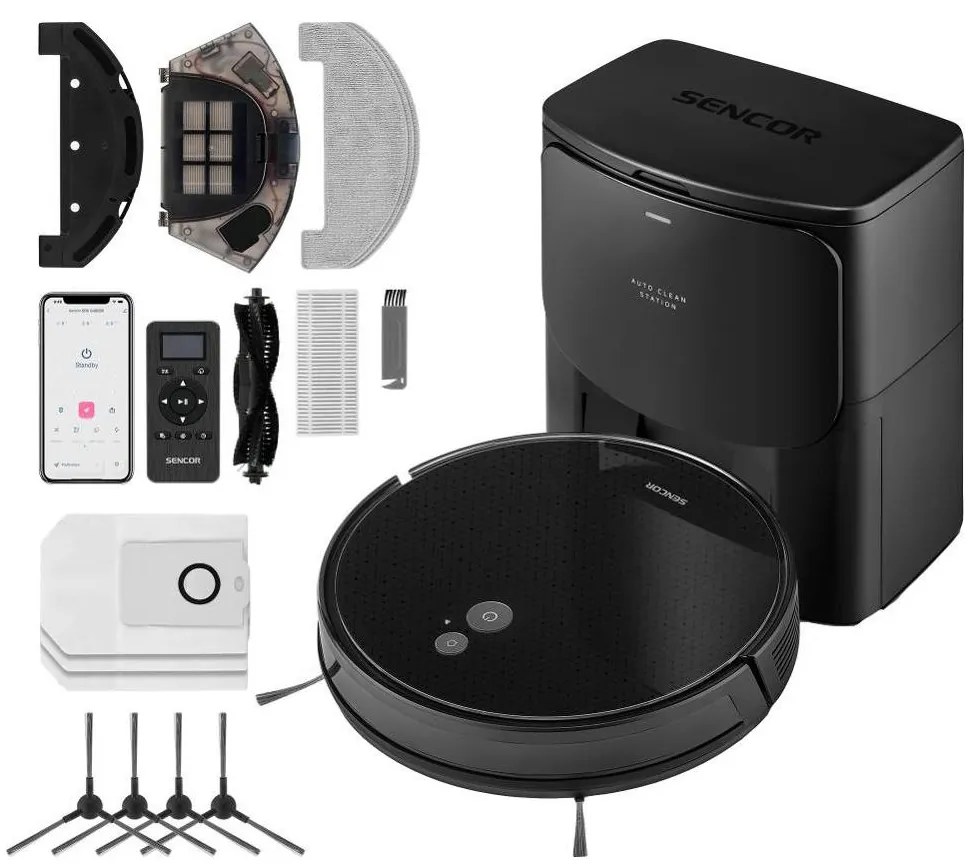 Sencor – 2 az 1-ben robotporszívó mop funkcióval, 16 W / 2600 mAh, Wi‑Fi, fekete + távirányító
