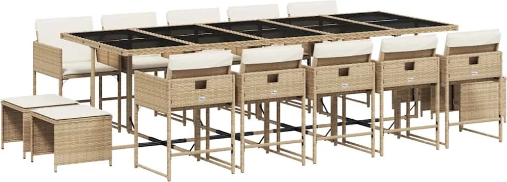 vidaXL 15 részes bézs polyrattan kerti étkezőgarnitúra párnákkal