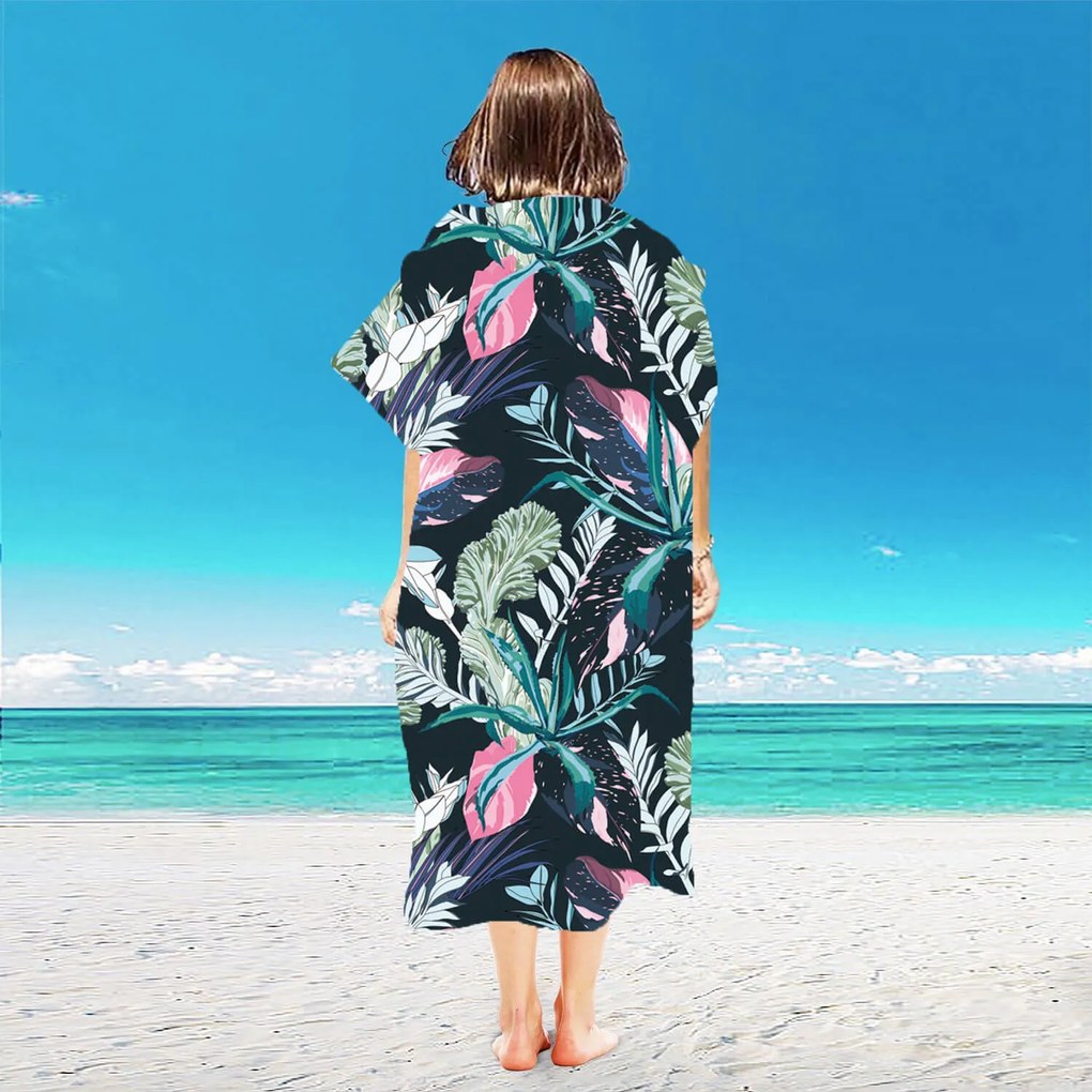 Strandkészlet NIGHT BLOSSOM – Fürdőlepedő 100×180 cm és poncsó 80×145 cm, fekete