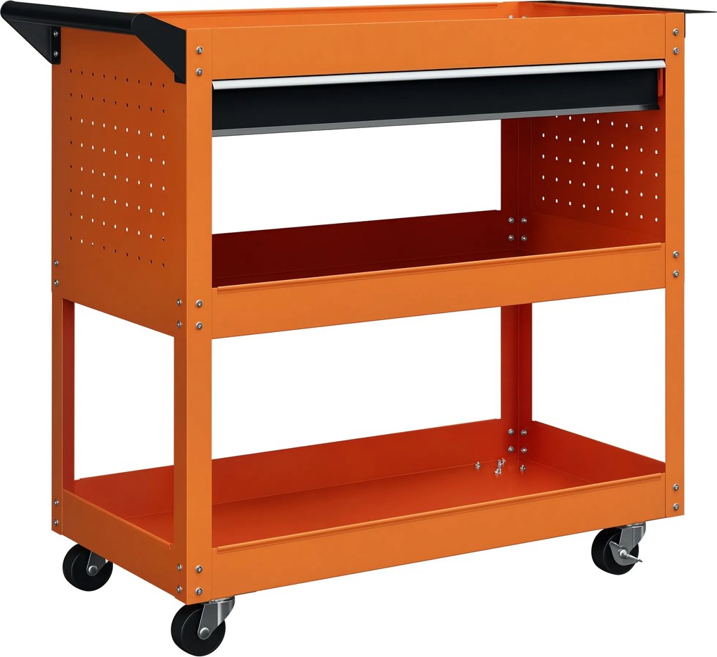 DURHAND Szerszámkocsi Fogantyúval és Oldalsó Beépítő Lappal, Fiókkal és 3 Polccal, Műhelyi Szerszámkocsi 4 Kerekével (2 Fékezhető) Acéllemezből, Garáz