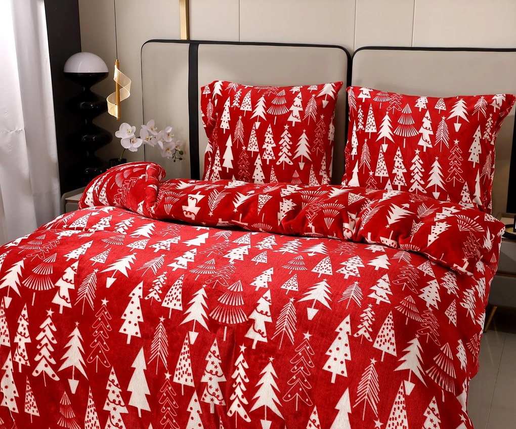 Mikroplüss ágynemű szett CHRISTMAS TREES piros + Mikroplüss lepedő SOFT 180x200 cm fehér, franciaágy