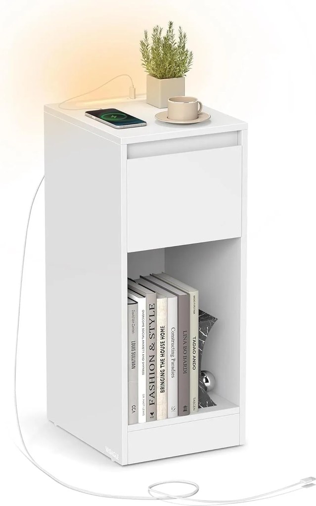 Keskeny éjjeliszekrény töltőállomással és LED-fénnyel, USB portokkal, fehér