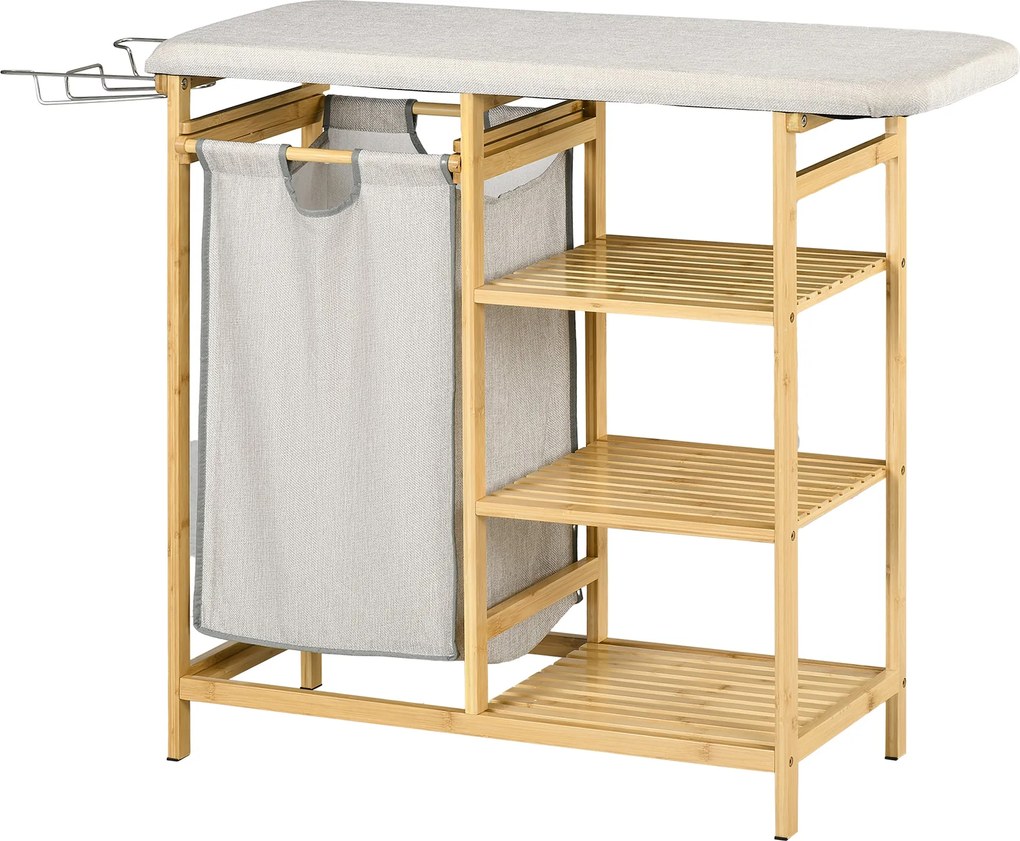 HOMCOM 57.4 L-es Textil Mosókosár Vasalódeszkával és Vasaló Támasszal, 3-Szintes Polccal, Kihúzható és Levehető Táskával, Fürdőszobába, Bambusz, Termé