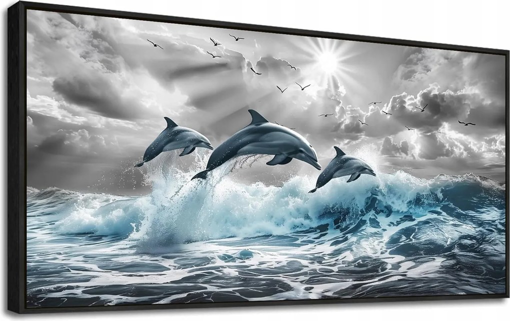 Vászonkép Fekete Keret Tömör Fa Delfin Fali Dekoráció 50x100cm