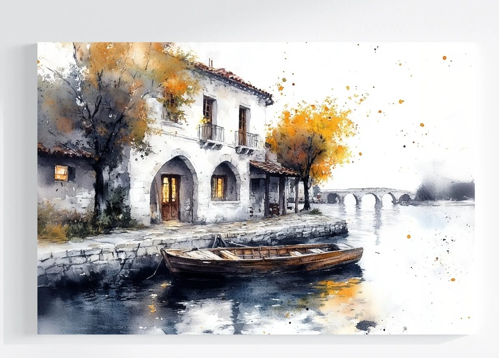 Vászonkép Canvas Tájkép Dél Víz Ház Villa Csónak Ősz 60x40