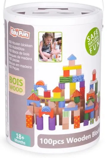 Fa építőkocka formaillesztő vödörrel 100 darabos készlet