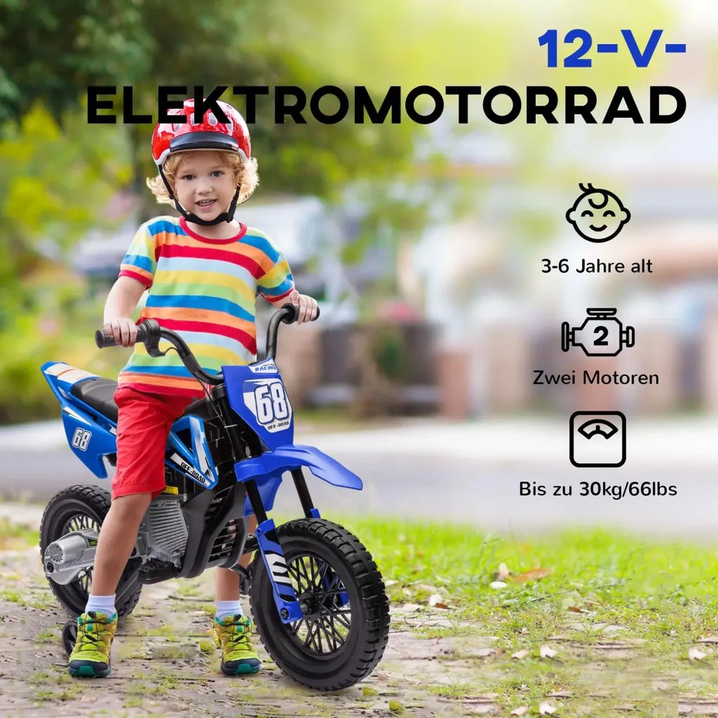 AIYAPLAY elektromos motorkerékpár gyerekeknek, 12 V-os zenés gyermekjármű edzőkerekekkel, kék