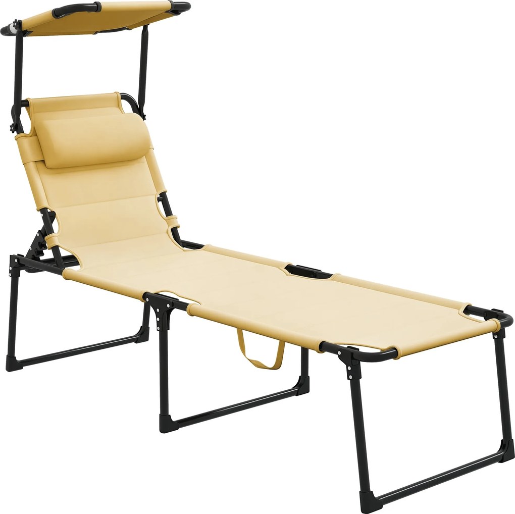 Outsunny Összecsukható Kerti Napozó Állítható Napernyővel 4-Szintes Dönthető Háttámlával és Fejtámasszal Teraszra Medencéhez 70x200x45 cm Krém | Aosom