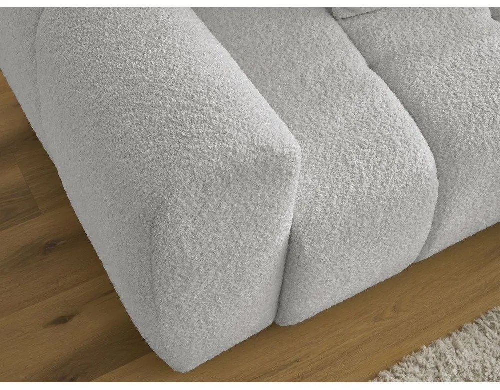 Világosszürke buklé kinyitható-tárolóhelyes sarokkanapé (jobb oldali-heverő résszel) Roxelane – Bobochic Paris