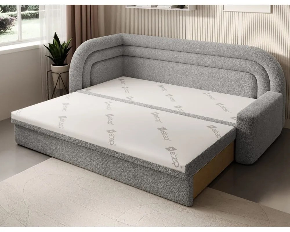 Szürke buklé kinyitható-tárolóhelyes kanapé bal oldali 223 cm Fabillo – ELTAP