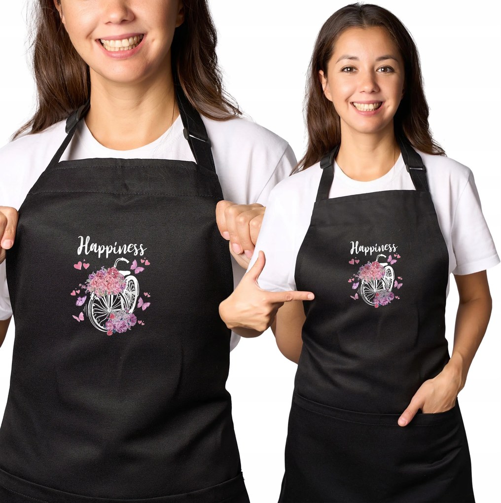 Konyhai kötény fekete ideális ajándék kerékpár virágokkal "Happiness"