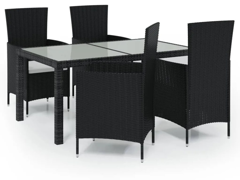 5 részes fekete polyrattan kültéri étkezőszett párnákkal