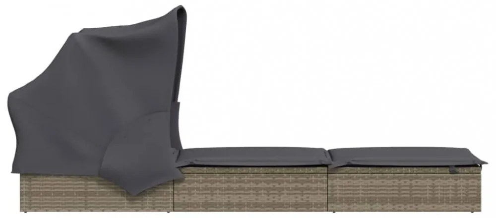 szürke polyrattan napozóágy összecsukható tetővel 213x63x97 cm