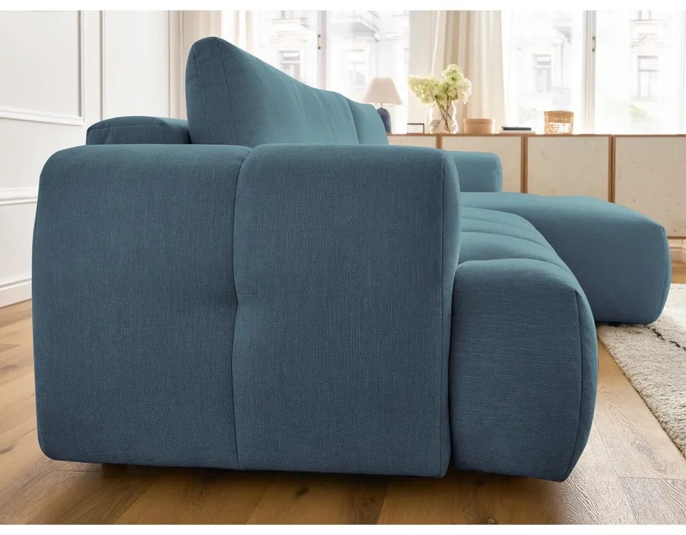 Kék kinyitható-tárolóhelyes sarokkanapé (jobb oldali-heverő résszel) Fuji – Bobochic Paris