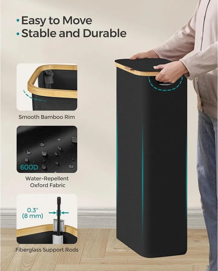 SONGMICS 65L szennyeskosár fedéllel, keskeny kialakítás, 42 × 22,5 × 70,5 cm, fekete