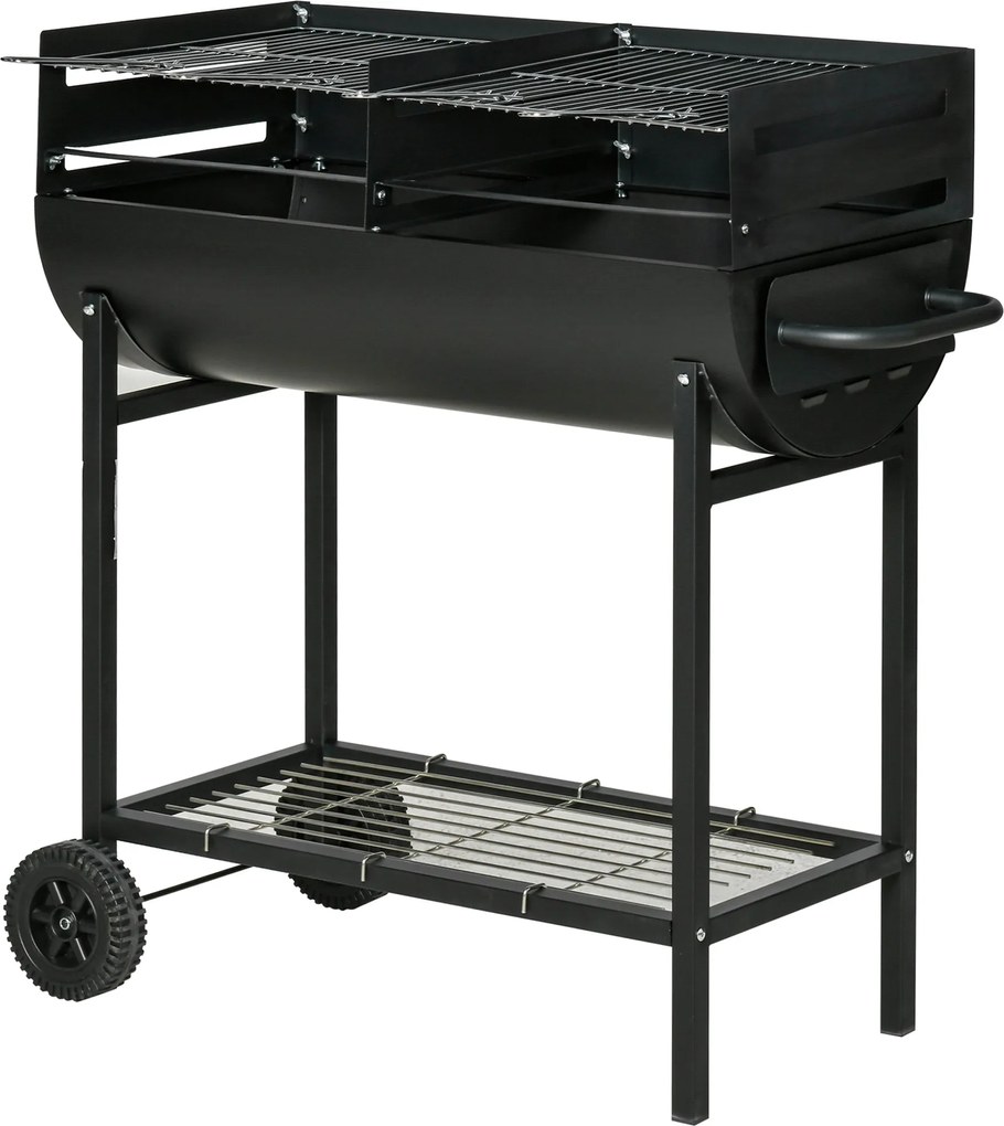 Outsunny Szén BBQ Állítható Magasságú Grill Kerti Hordozható BBQ Tároló Polccal és Kerekekkel 90x45x96 cm Fekete | Aosom