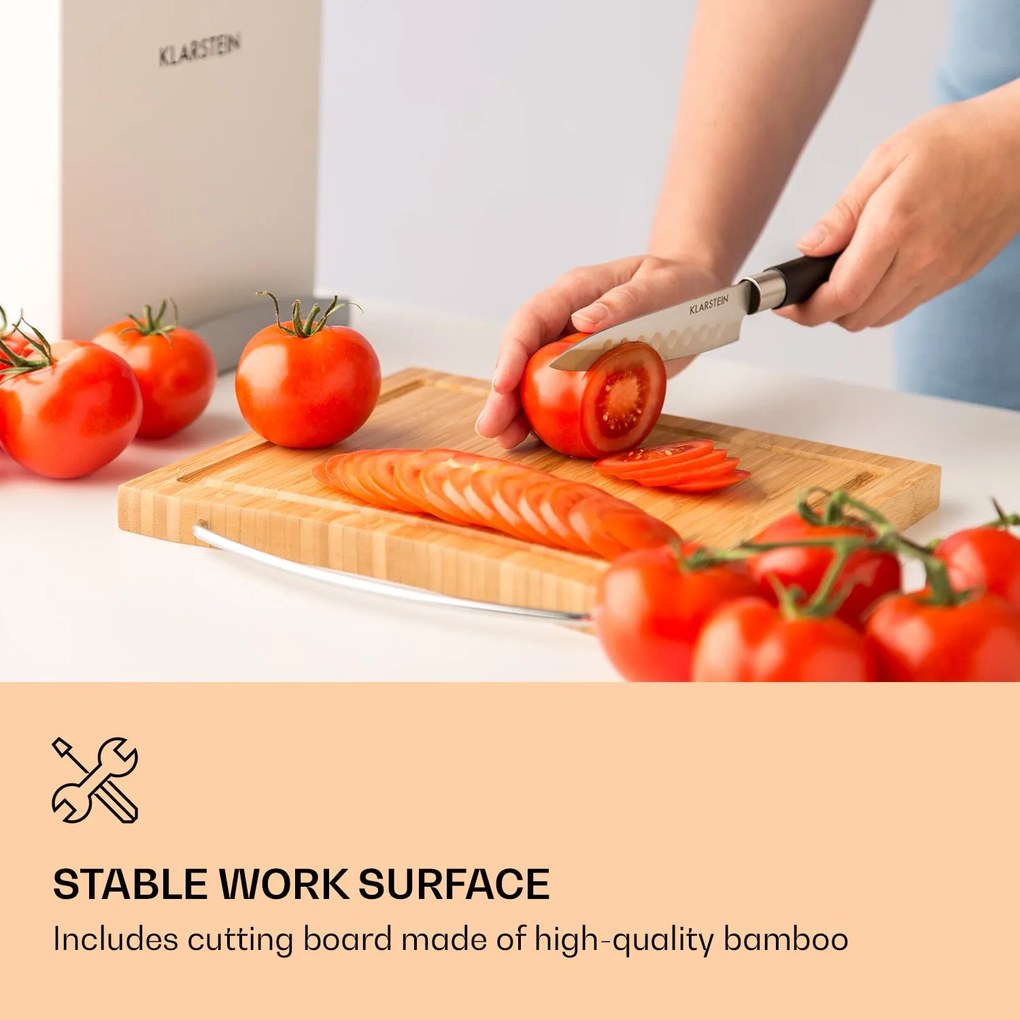 Klarstein Kitano Plus, késkészlet, 9 darabos, faállvány, bambusz vágódeszka, fehér