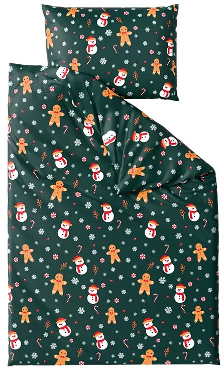 2 db-os Mikroplüss Ágyneműhuzat Szett SNOWMAN AND GINGERBREAD zöld + mikroplüss lepedő SOFT 180x200 cm fehér, franciaágy