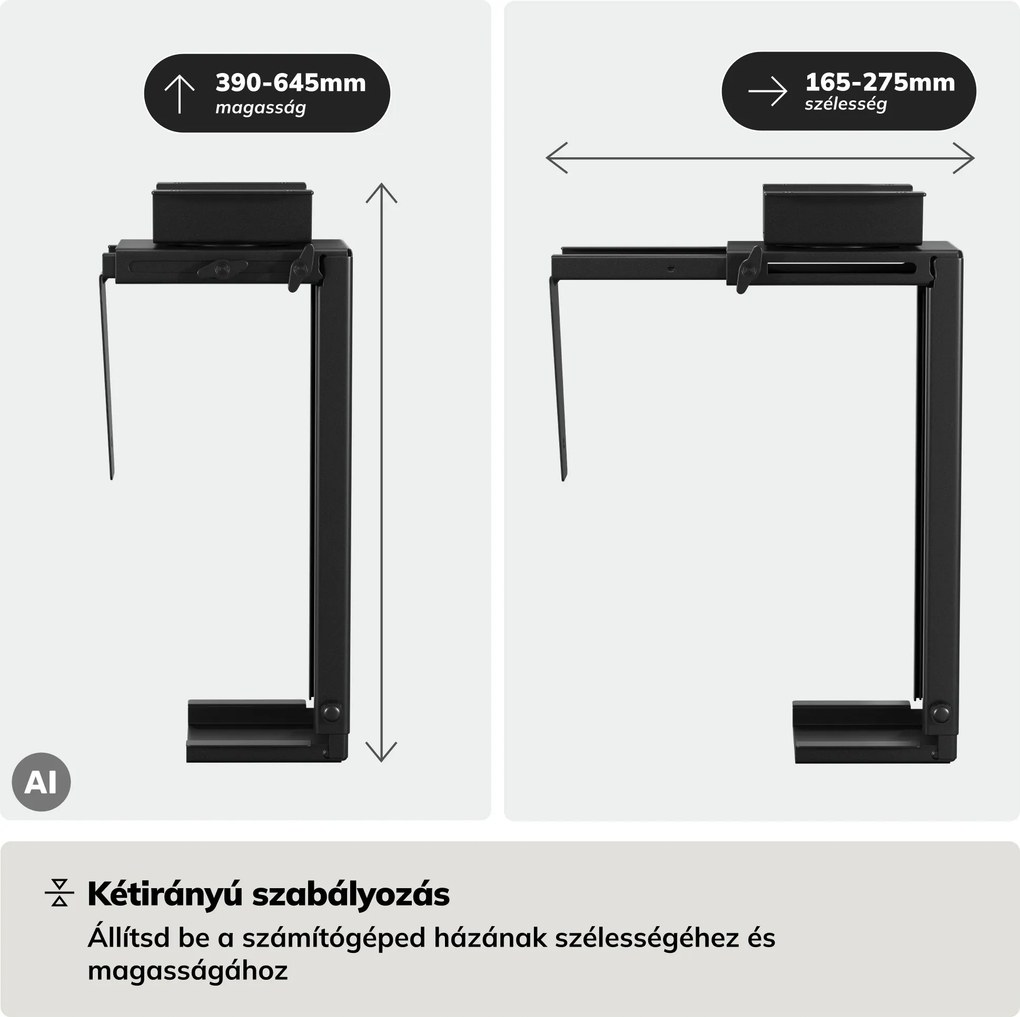 Számítógép tartó az íróasztal alá, állítható, fém, fekete: PC HOLDER