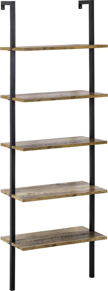 HOMCOM 5 Polcos Iparági Stílusú Fali Könyvespolc, Fali Fa és Fém Könyvszekrény, 60x30x184.5cm, Barna | Aosom