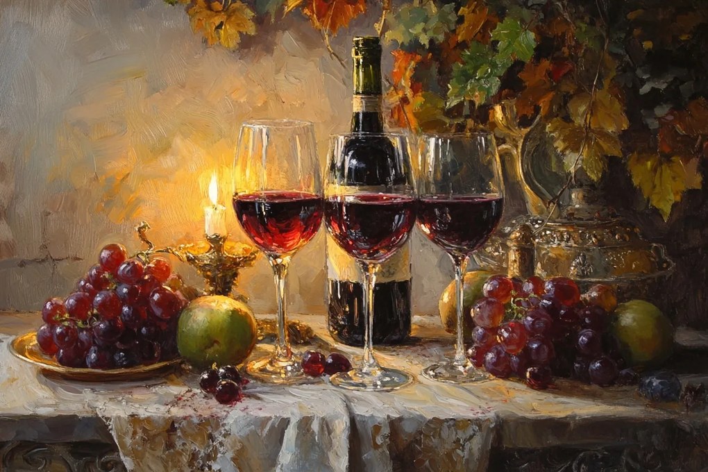 Vászonkép Canvas Csendélet Bor Gyümölcs Gyertya Romantika 120x80