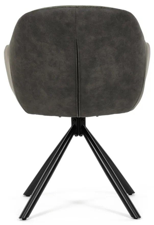 Scaun de sufragerie pivotant, țesătură verde și țesătură gri închis, cu decor vintage din piele, metal negru, rotativ P90°+ L90° cu mecanism de retragere
