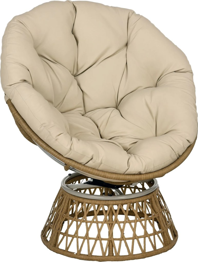 Outsunny Papasan Fotel Wicker Forgós Karfás Fotel Párnával 360 Fokban Állítható Lábpárnával 85 x 70 x 82 cm Khaki | Aosom