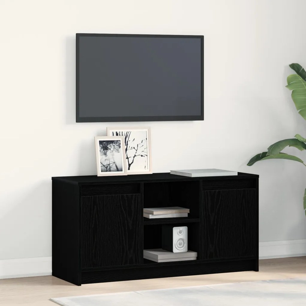 TV Szekrény LED Fénytartalmazó Fekete Rackkel, 100x34x50 cm, Műmászott Fából készült