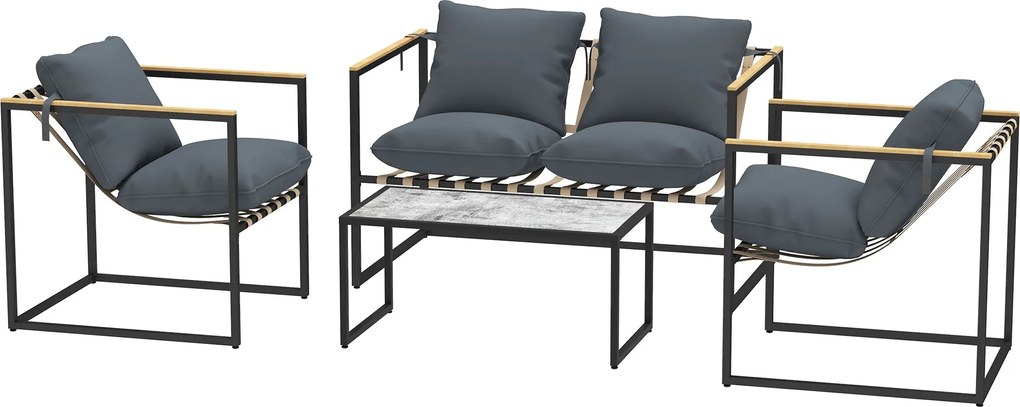 Outsunny Acél Kerti Bútor Szett 4 Fő Részére Időjárásálló Erkély Bútor Szett 2 Személyes Kanapéval, 2 Karosszékkel, Ülőpárnákkal, Oldalasztallal, Kült