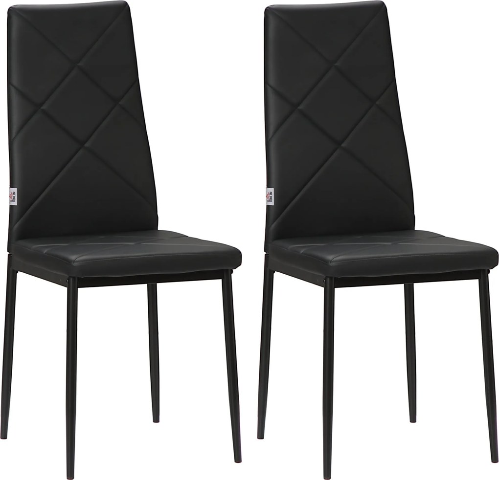 HOMCOM 2 db Kárpitozott Étkezőszék Magas Háttámlával, Konyhai Székek Műbőr Gyémánt Öltésekkel, Csúszásmentes Talppal és Acél Lábbal, 41x50x97 cm, Feke