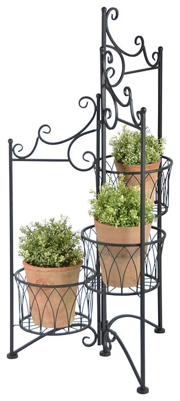 Összecsukható kovácsoltvas virágtartó állvány, 3 fém kosárral, 49 x 98 cm