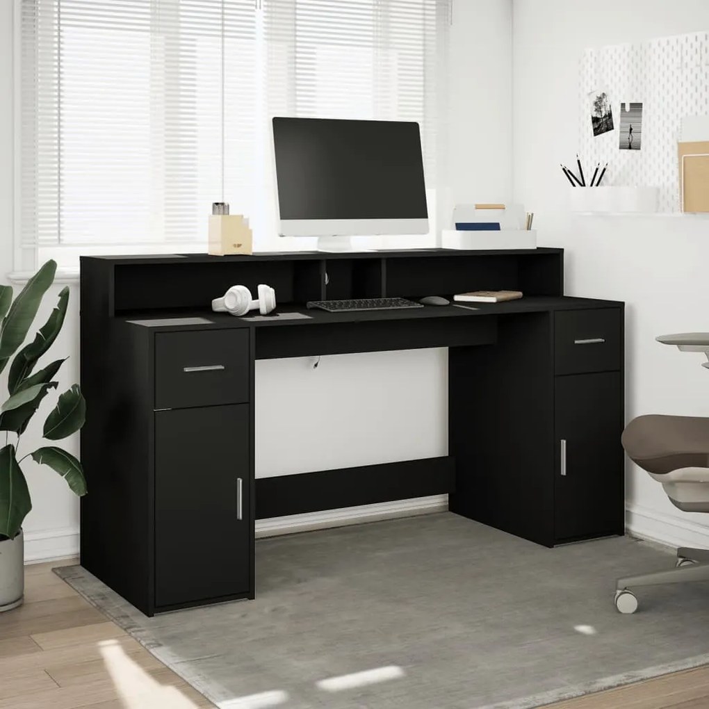 fekete szerelt fa íróasztal LED-világítással 160 x 55 x 91 cm