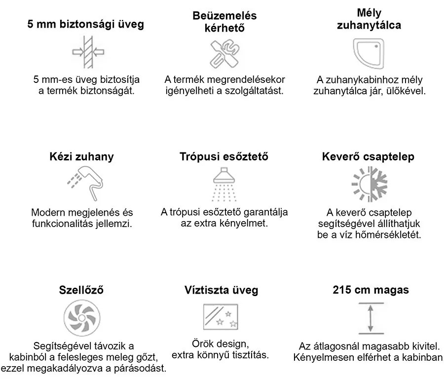 Vital Black 90x90 cm íves mélytálcás hidromasszázs zuhanykabin