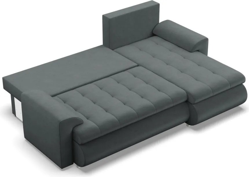 Tokio sarokkanapé, 2 ágyneműtartóval, bársony, jobboldali, szürke