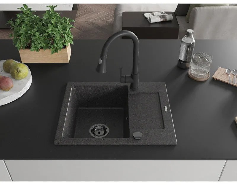 Mexen Enzo, 1 kamrás gránit mosogató 576x465x174 mm és Elia mosogató csaptelep, fekete foltos, 6506-76-670101-70-B